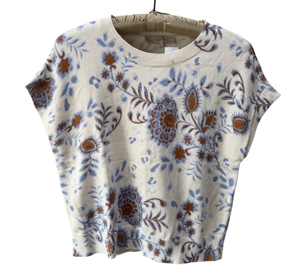 NEW WITH TAGS Loft Floral Refined Wedge Sweater Tee Ivory Brown Blue Size Small